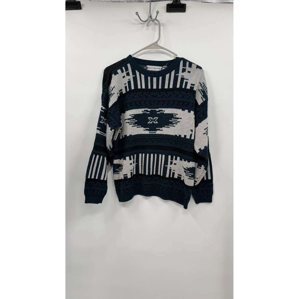 Saturdays XL Sweater Mens Teal Black White‎ Geometric Southwestern Vintage Knit